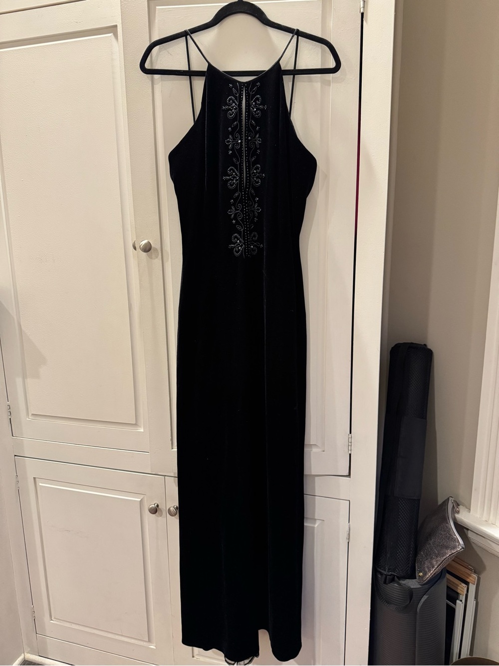 Vintage Black Velvet Beaded Halter-Style Maxi Dress